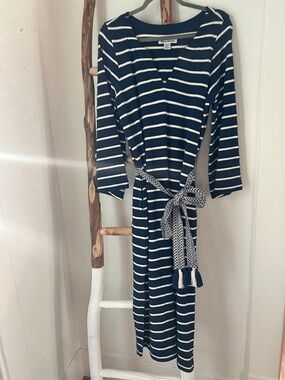 Tommy Bahama Navy & White Striped Cotton Knit Maxi Dress with Tassel Belt
